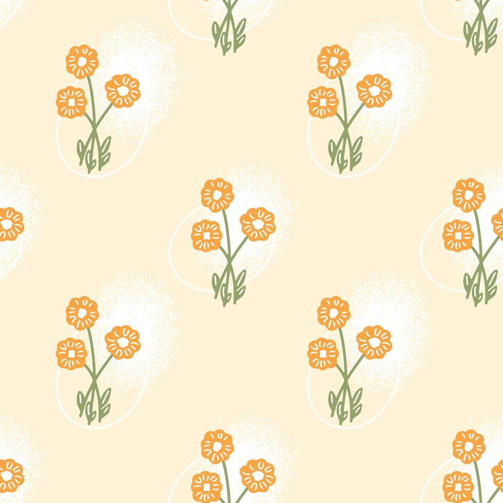 sin costura modelo con naranja ramo de flores de flores y resumen granja lugares en beige antecedentes. estacional primavera y verano patrones para moderno minimalista embalaje diseño. vector