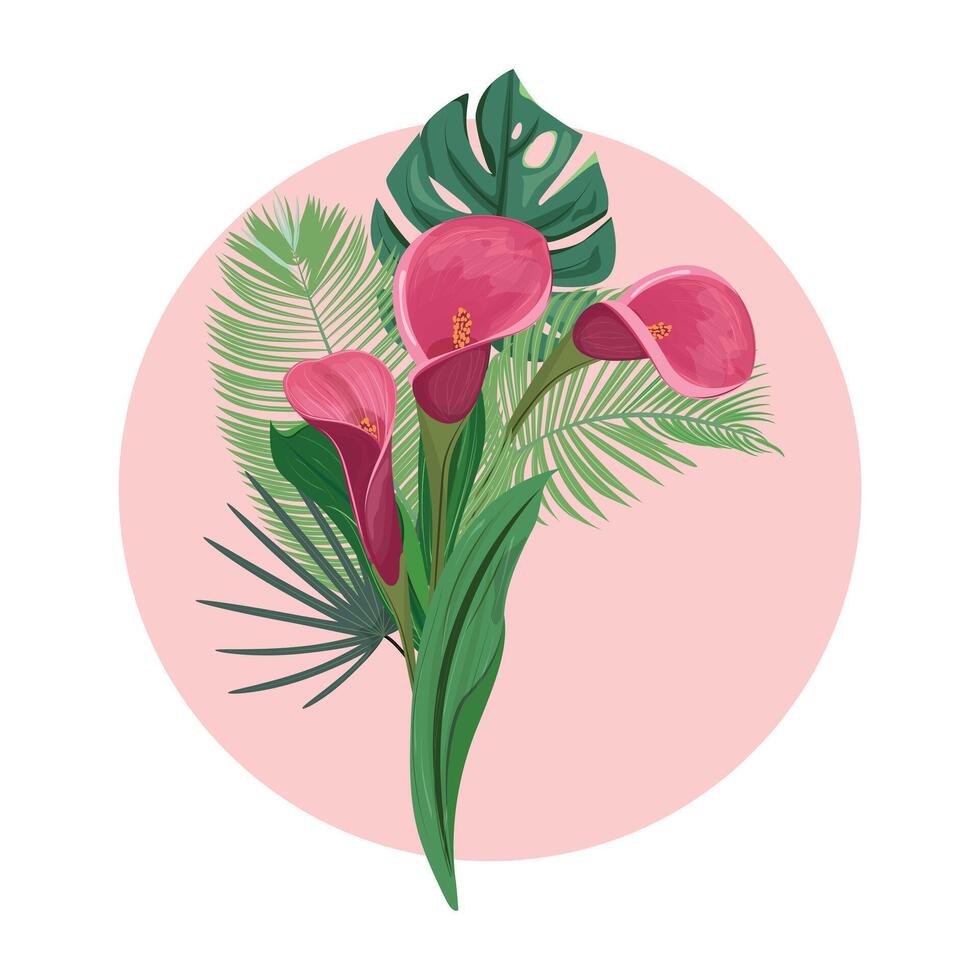 Exquisito rosado calla ramo de flores con tropical hojas vector