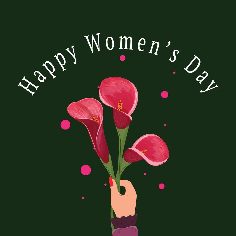 Happy Women's Day Square Banner Featuring a Woman's Hand Holding a Bouquet with Calla Flowers vector