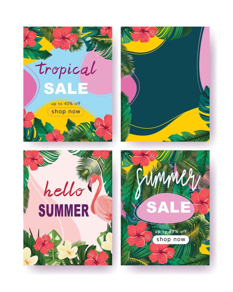 Set of Beautiful Tropical Sale Cards, Posters and Banners with Hibiscus, Flamingo, Leaves, and Plumeria Flowers vector
