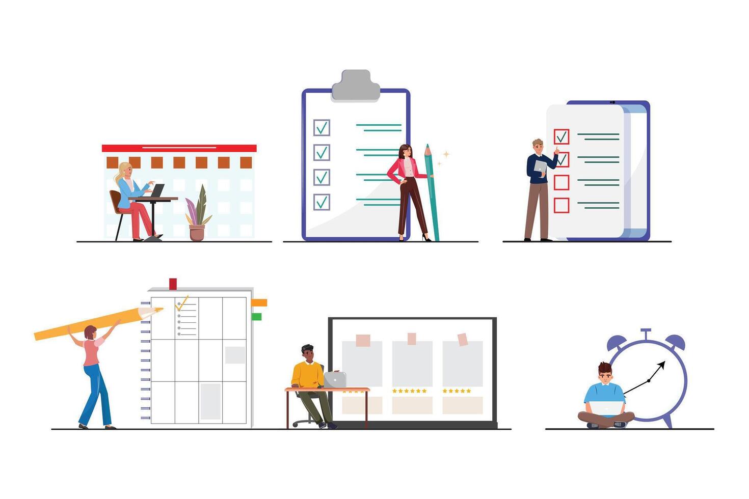 People organising their work. Collection of people successfully organising their tasks and appointments. vector