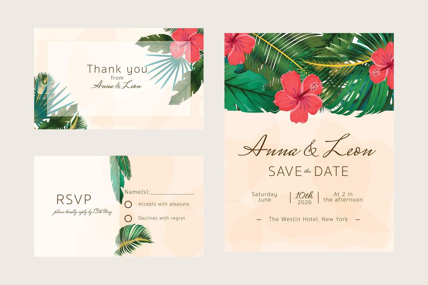 Wedding Collection Invitation Cards with Tropical Hibiscus Flowers and Leaves vector