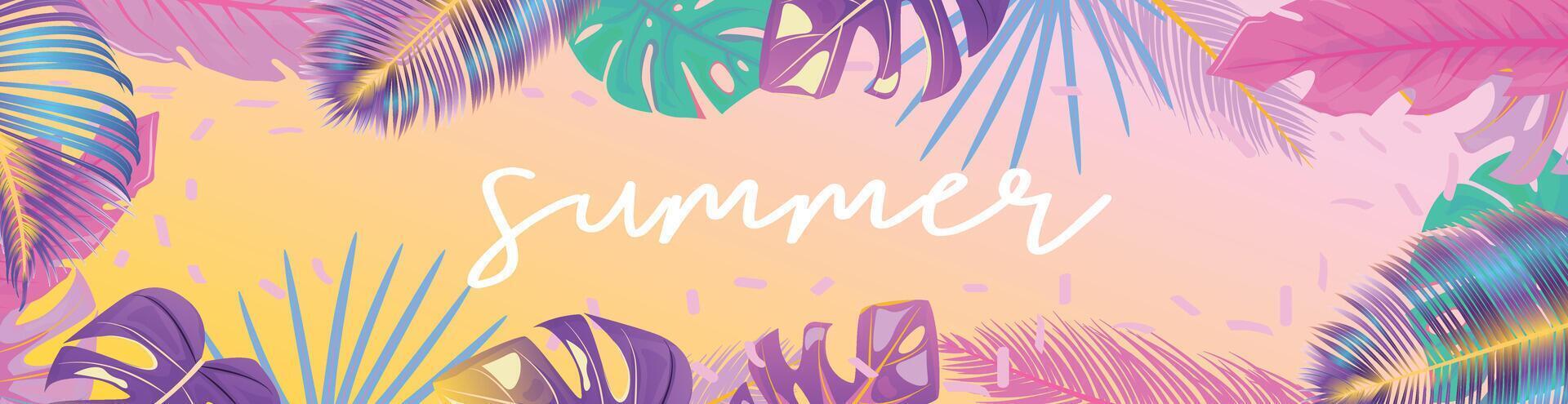 Long Horizontal Summer Banner with tropical leaves such as monstera and palm leaves vector