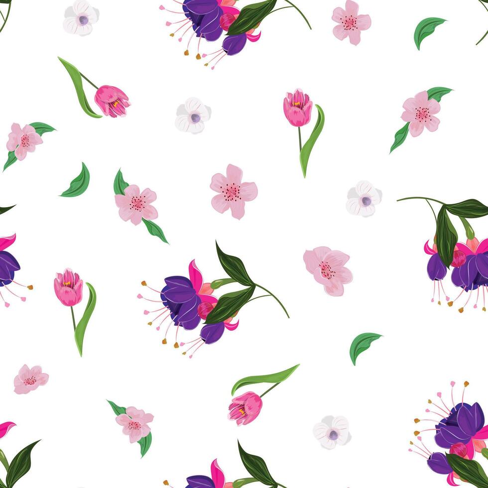 Seamless pattern with fuchsia, orchid, tulips on white background. For cards, textile, prints, backgrounds. vector