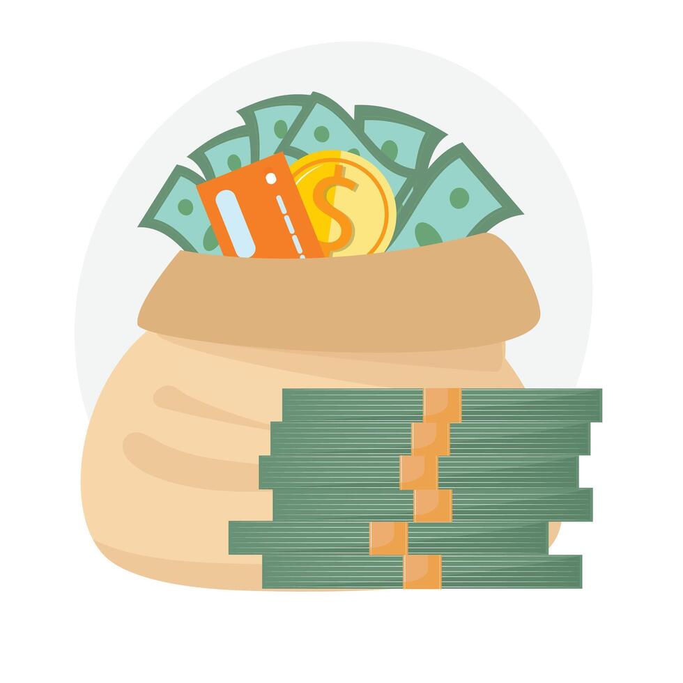 Money Bag Stuffed with Profit, Accompanied by a Stack of Cash vector