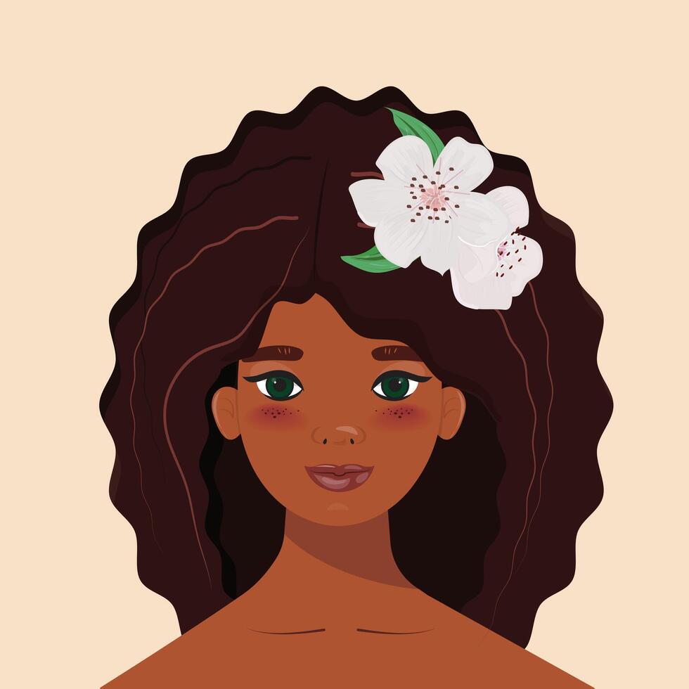 negro mujer con Rizado pelo y floraciones vector