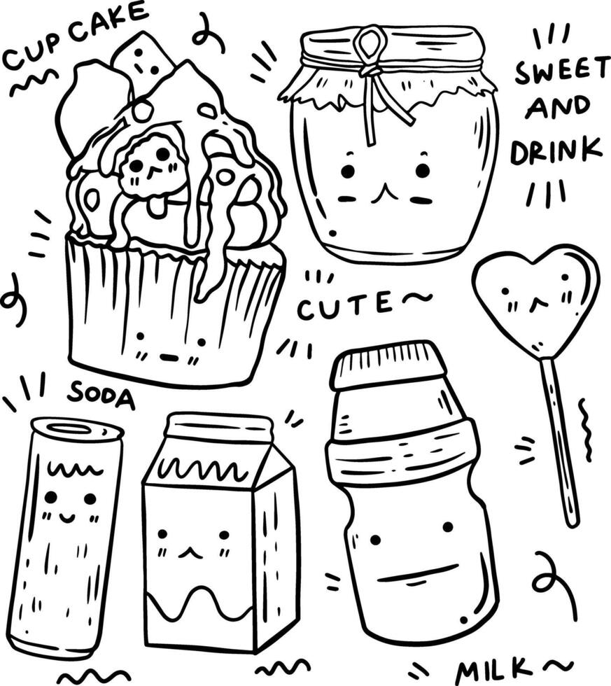 hand drawn cute sweet and drink and text for templates. vector