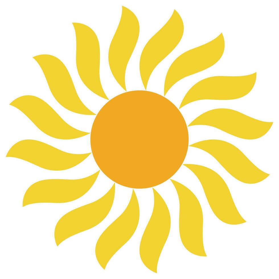 Sun logo icon with curly calligraphic rays, yellow sun carton vector