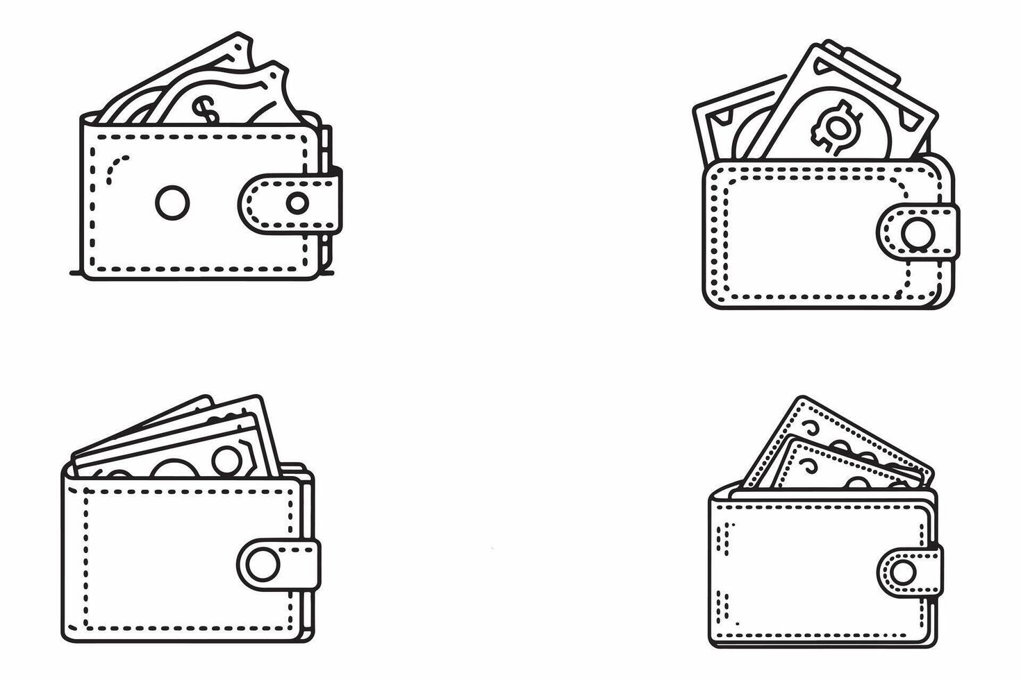 Leather Wallet With Coins And Money Set Outline Vector Illustration on white background