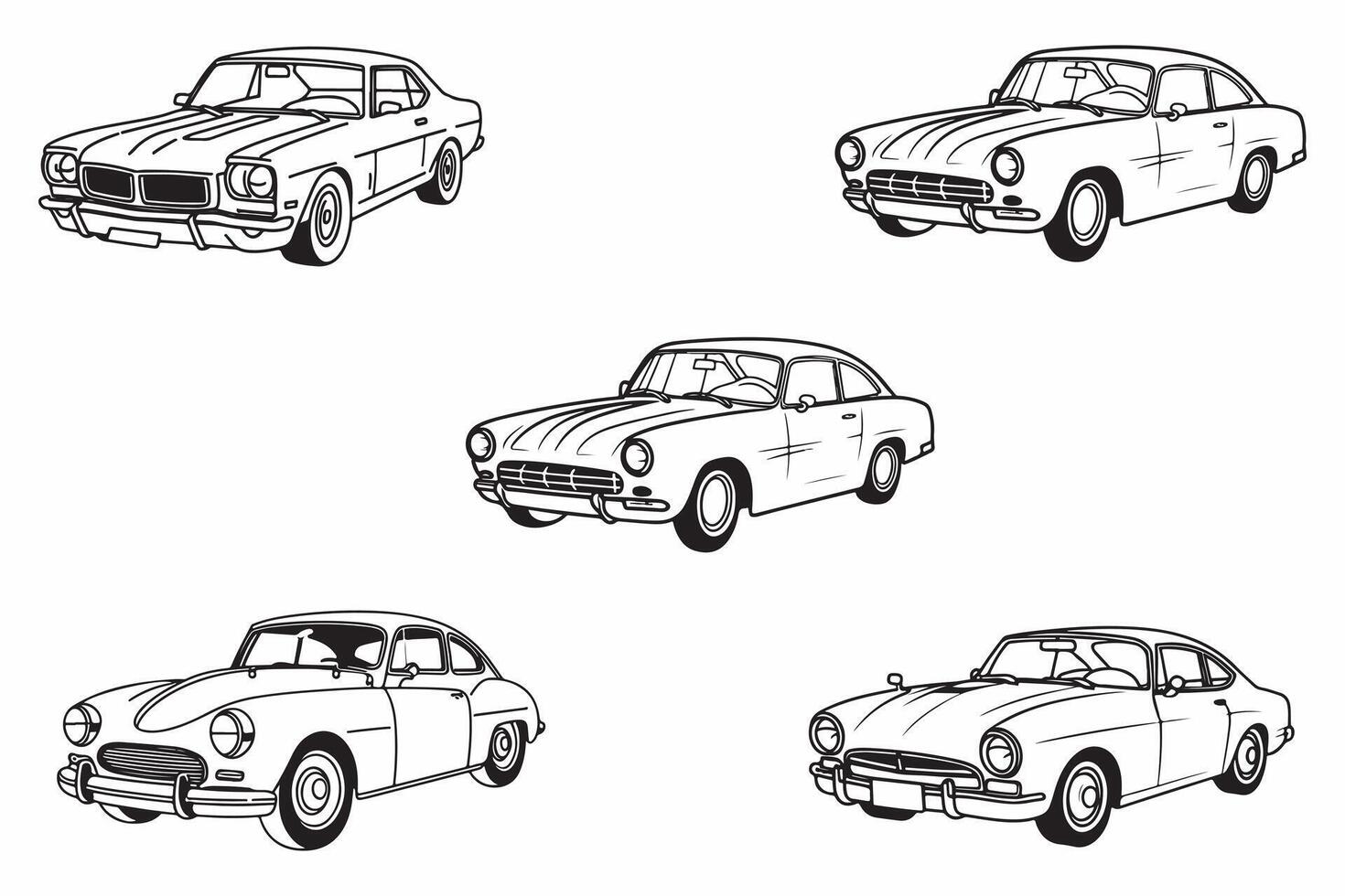 Classic Car Set Outline Vector Illustration On White Background