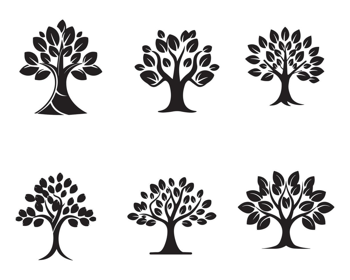 conjunto de negro arboles icono conjunto vector en blanco antecedentes ilustración