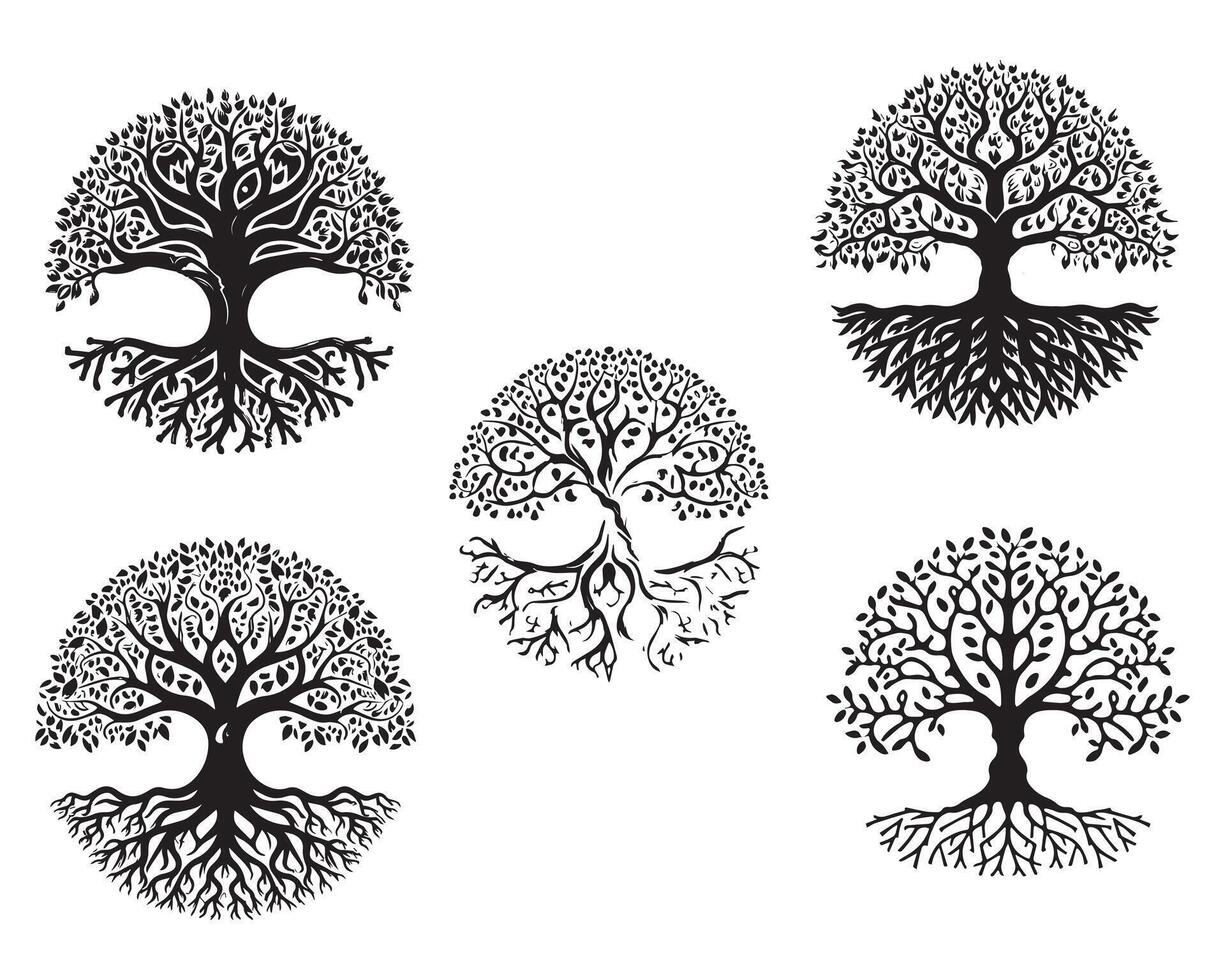 Tree silhouette with branches leaves and roots vector on white background stock illustration