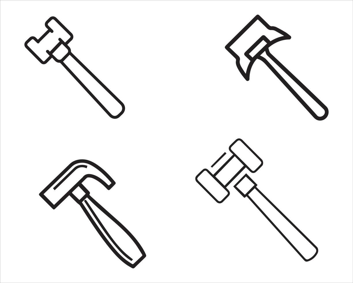 Hammer Line Icons Set Drawn By Hands Vector illustration On White Background