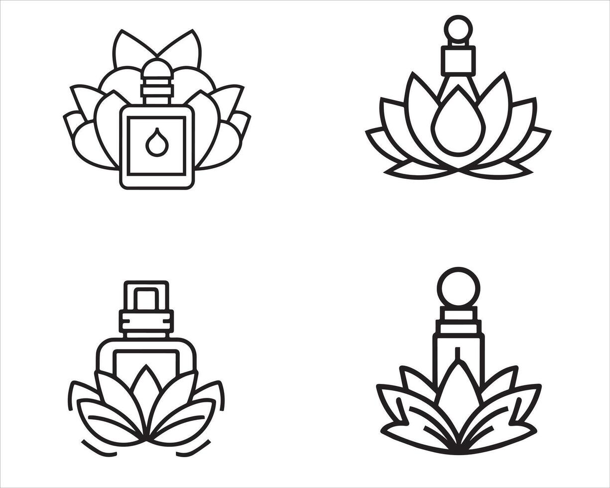 perfume con loto flor conjunto dibujado por manos vector ilustración en blanco antecedentes