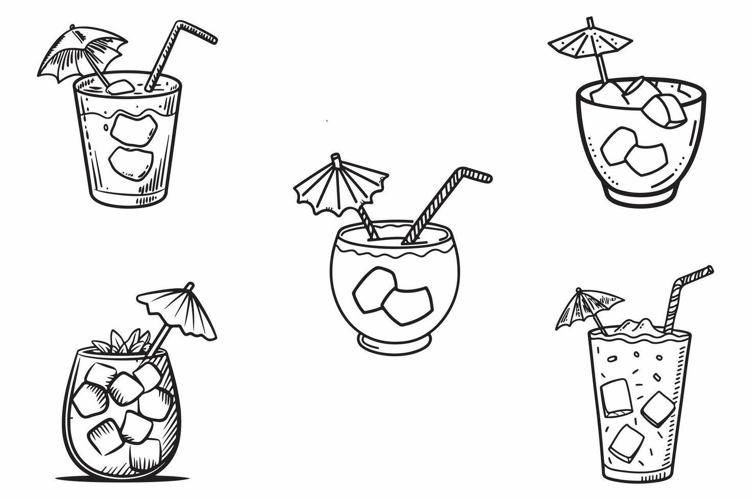 Set Of Refreshing Summer Drinks Outline Vector On White Background