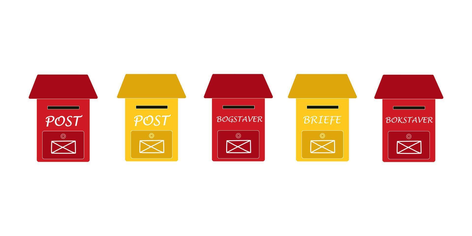 Yellow and red mailboxes with a compartment for newspapers and letters. Mailboxes with an envelope sign and the inscriptions Mail and Letters in German, Danish and Norwegian. Vector illustration