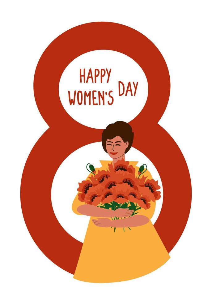 saludo tarjeta, bandera para internacional De las mujeres día marzo 8vo. joven mujer con un ramo de flores de rojo amapolas dentro el número ocho en un blanco fondo, vertical vector dibujos animados ilustración