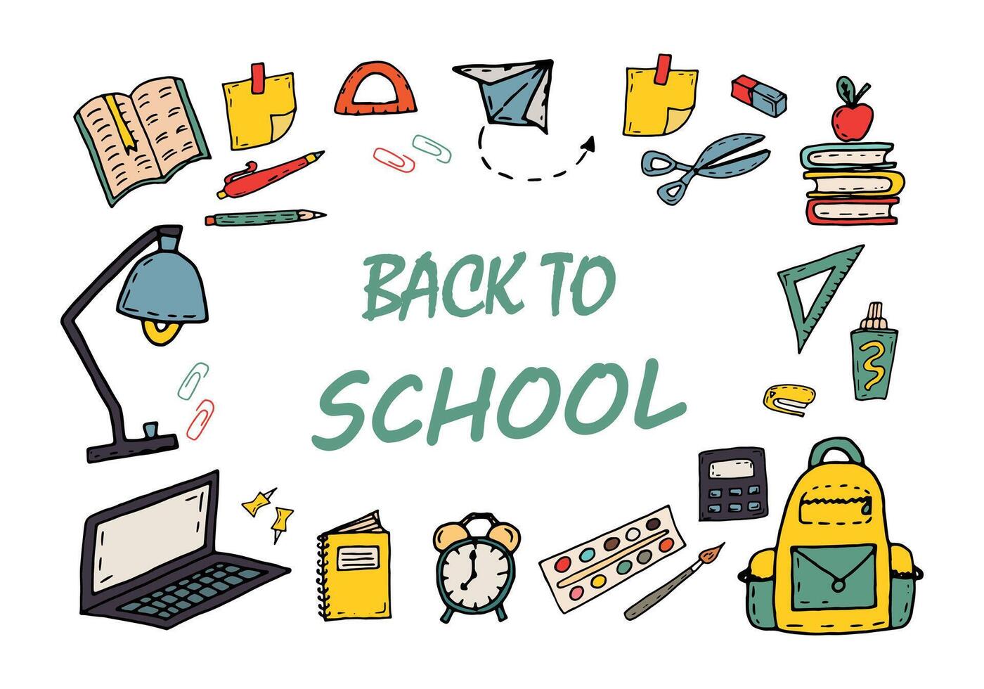 White school background with frame of school supplies, study items, banner back to school. Vector doodle illustration for banners, web design, flyers, social media design