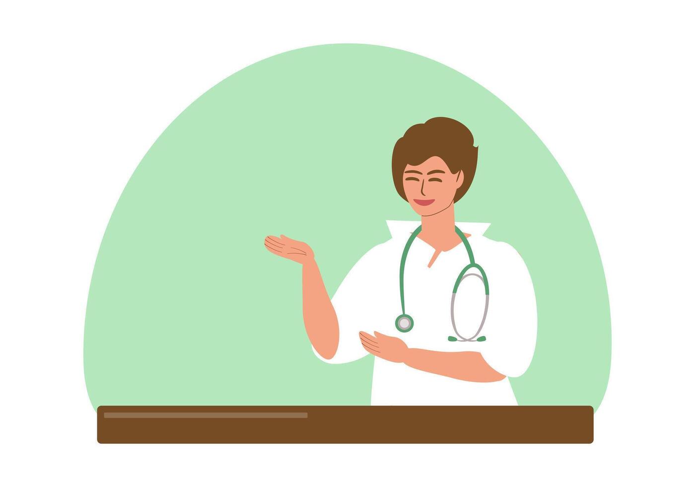 un joven hembra médico en un blanco uniforme con un estetoscopio sonrisas en un ligero verde antecedentes. el médico da recomendaciones a el paciente, vector color ilustración.