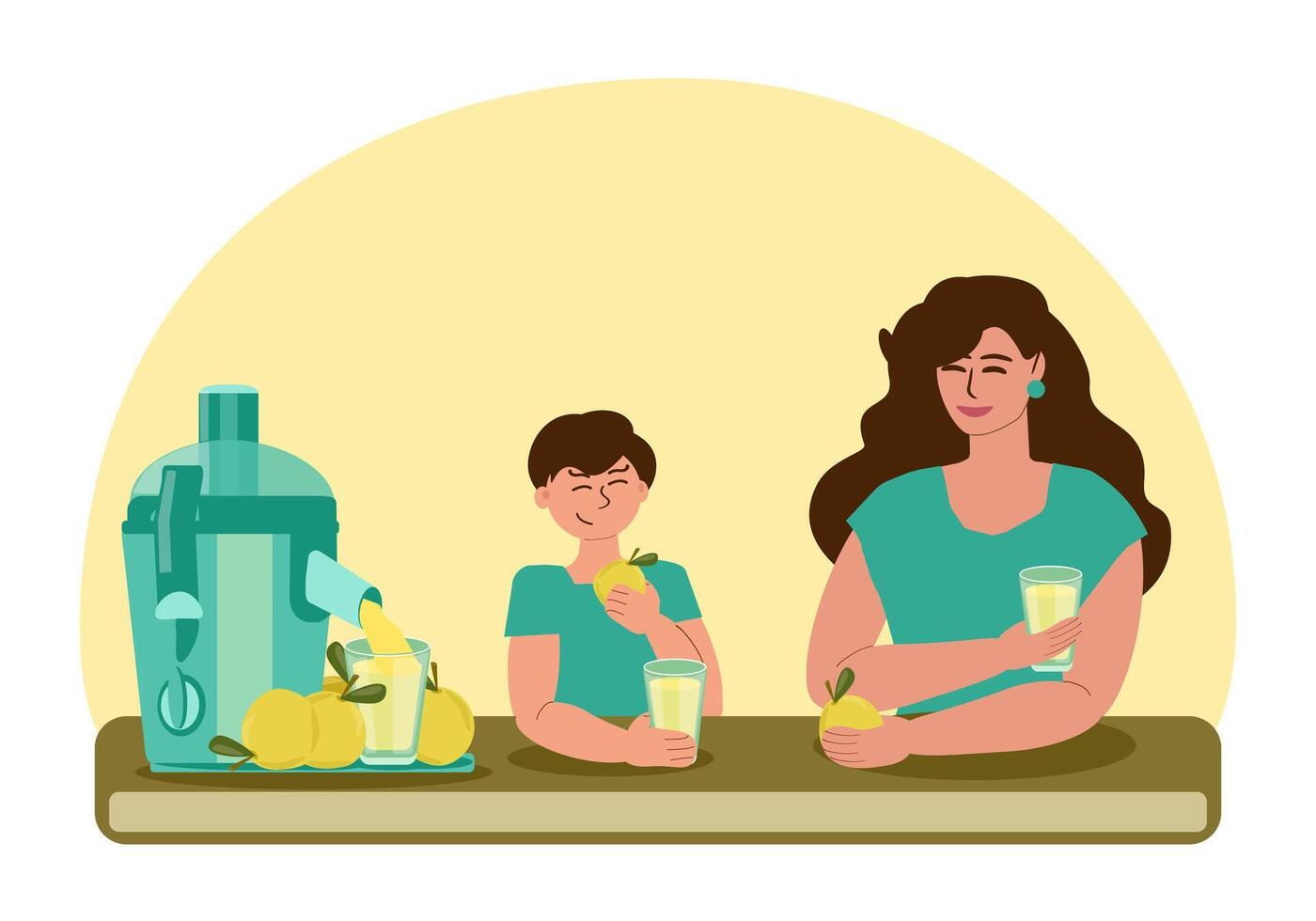 Mom and son are in a good mood drinking freshly squeezed pear juice and eating fruit together. There is an electric juicer on the table. Useful and healthy food, family leisure. Vector illustration