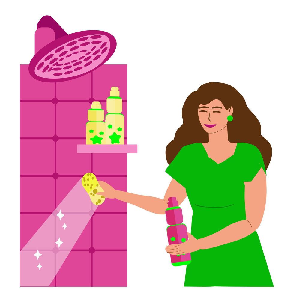 A woman cleans the tiles in the shower stall at home. Cleaning, housework, comfort. Vector cartoon illustration