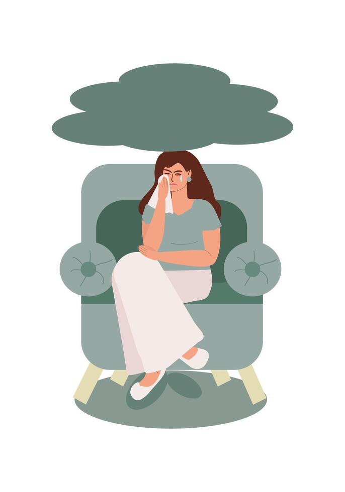 A young woman suffers from depression and experiences the loss of a loved one. Mental disorder, grief, difficult life situation. Vector flat illustration.