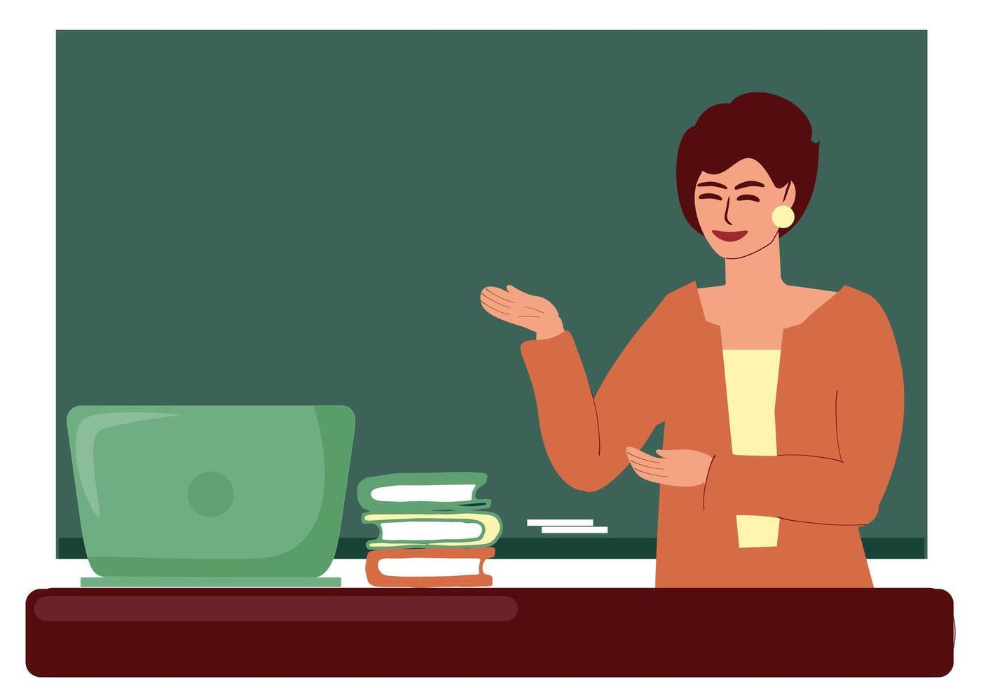 A female teacher stands at the blackboard and table with a laptop and books. On the blackboard there is a space for text. Education, school, study. Vector color illustration