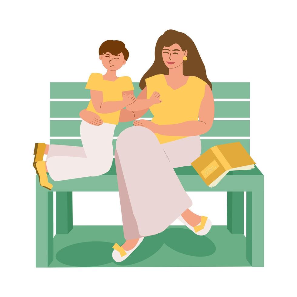 Mom tries to hug her son with autism. The child does not look at his mother and tries to move away. Mental disorders, problems of social interaction and attachment. Vector illustration