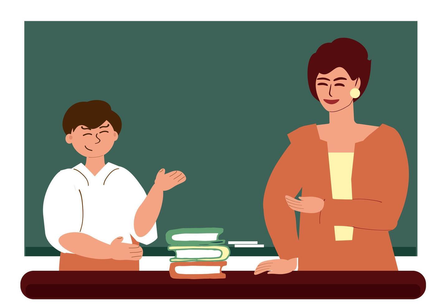 A schoolboy answers the teacher at the blackboard. A teacher tests a student's knowledge during a lesson in a school class. Vector cartoon illustration