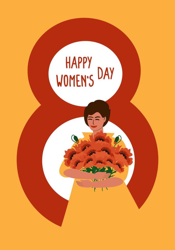 saludo tarjeta, bandera para internacional De las mujeres día marzo 8vo. joven mujer con un ramo de flores de rojo amapolas dentro el número ocho en un amarillo fondo, vertical vector dibujos animados ilustración
