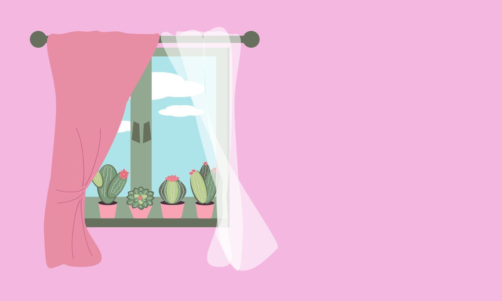 Window with curtains and flowering succulents in pots on the windowsill. Home comfort, interior vector color illustration, background with place for text