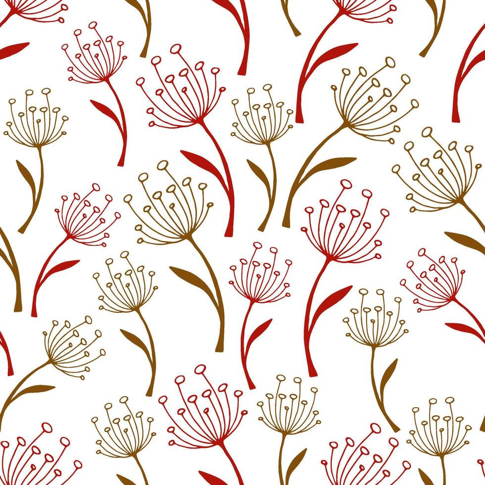 Seamless botanical pattern of red and brown twigs on a white background. Vector autumn illustration of dried plants and dried flowers for printing on packaging, wallpaper, fabric, web design