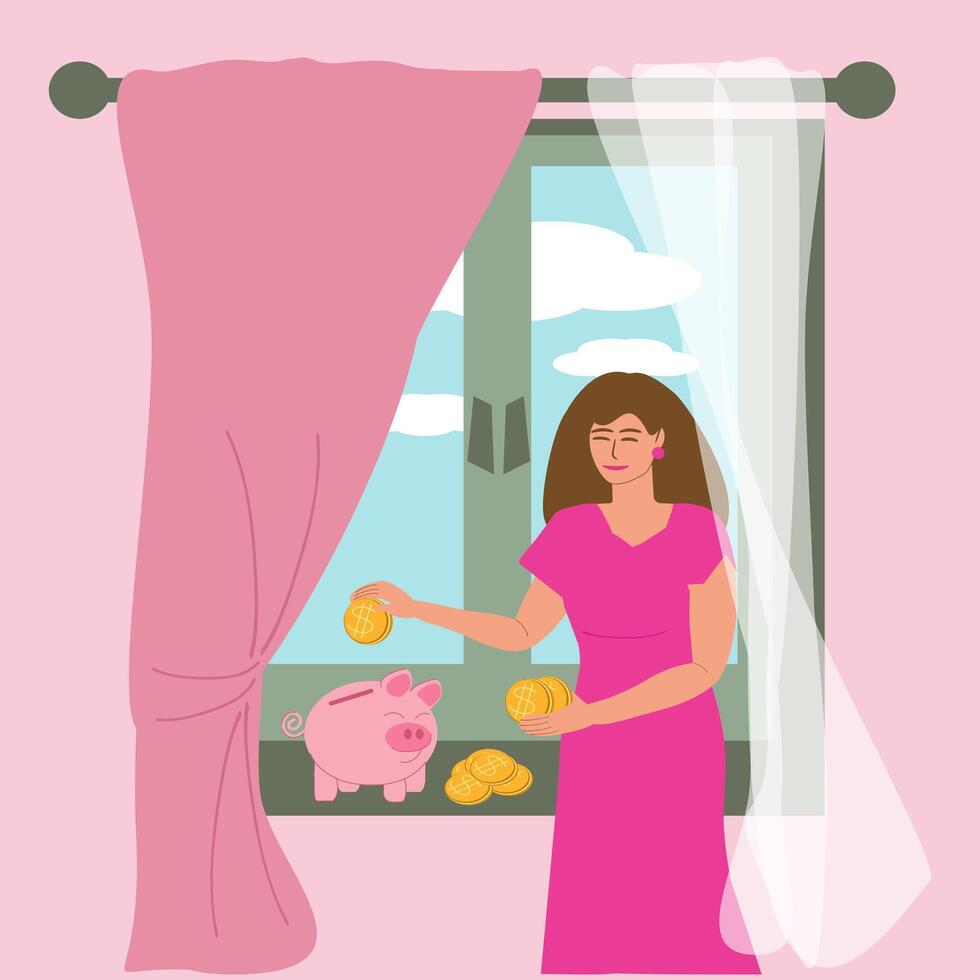 A young woman puts coins in a piggy bank standing on the windowsill. Home accounting, savings, family capital, money multiplication, vector color illustration