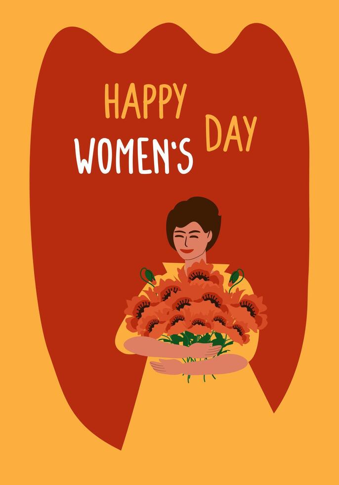 Greeting card, banner for International Women's Day March 8th. Young girl with a bouquet of red poppies and a tulip flower inside on a yellow background, vector cartoon illustration