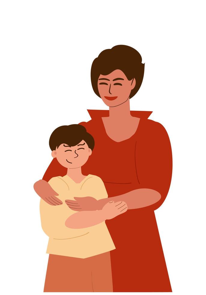 Mom tenderly hugs her son and smiles. Motherhood, affection, single mother. Vector cartoon illustration