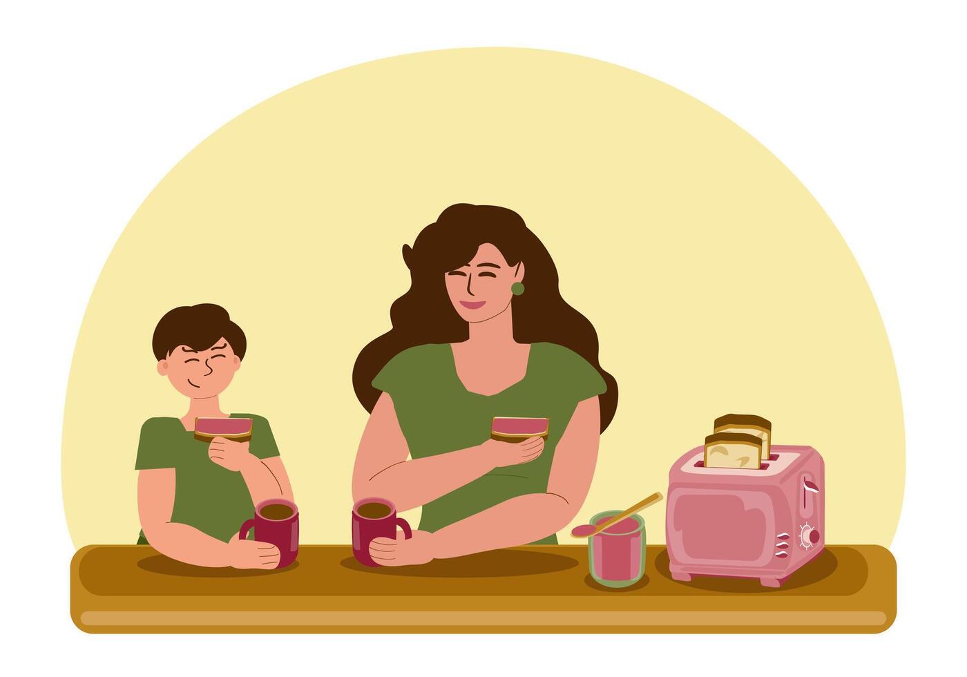 Mom and son are having breakfast together in a good mood, drinking tea and eating toast with jam. On the table there is an electric toaster with toasted bread and a jar of jam. Vector cartoon