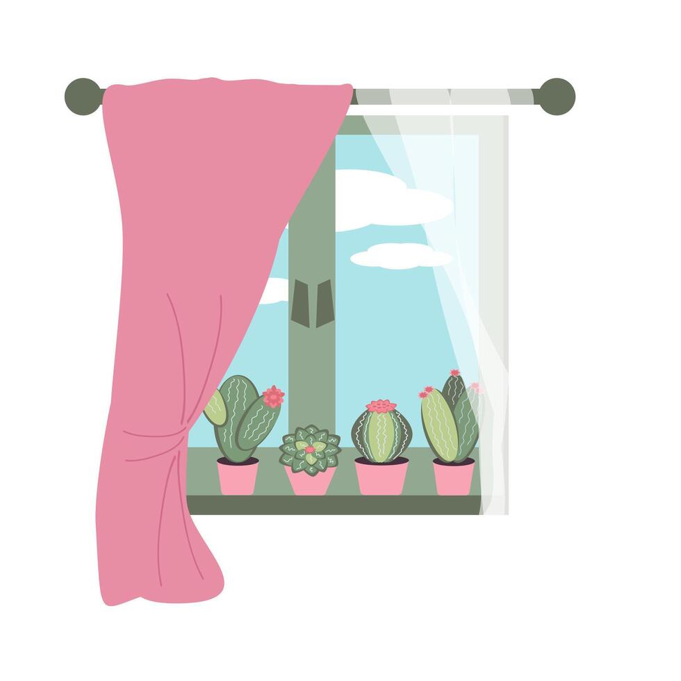 Window with curtains and flowering succulents in pots on the windowsill, from the window a view of the blue sky with clouds. Home comfort, indoor plants on the window, vector color illustration