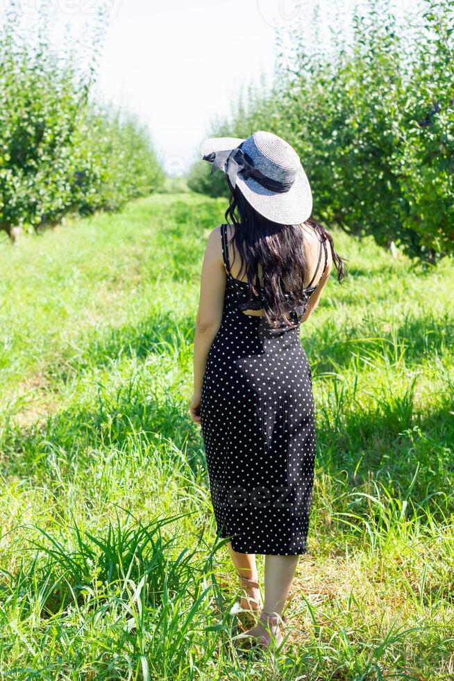 bonito joven mujer en el naturaleza, verano paisaje foto