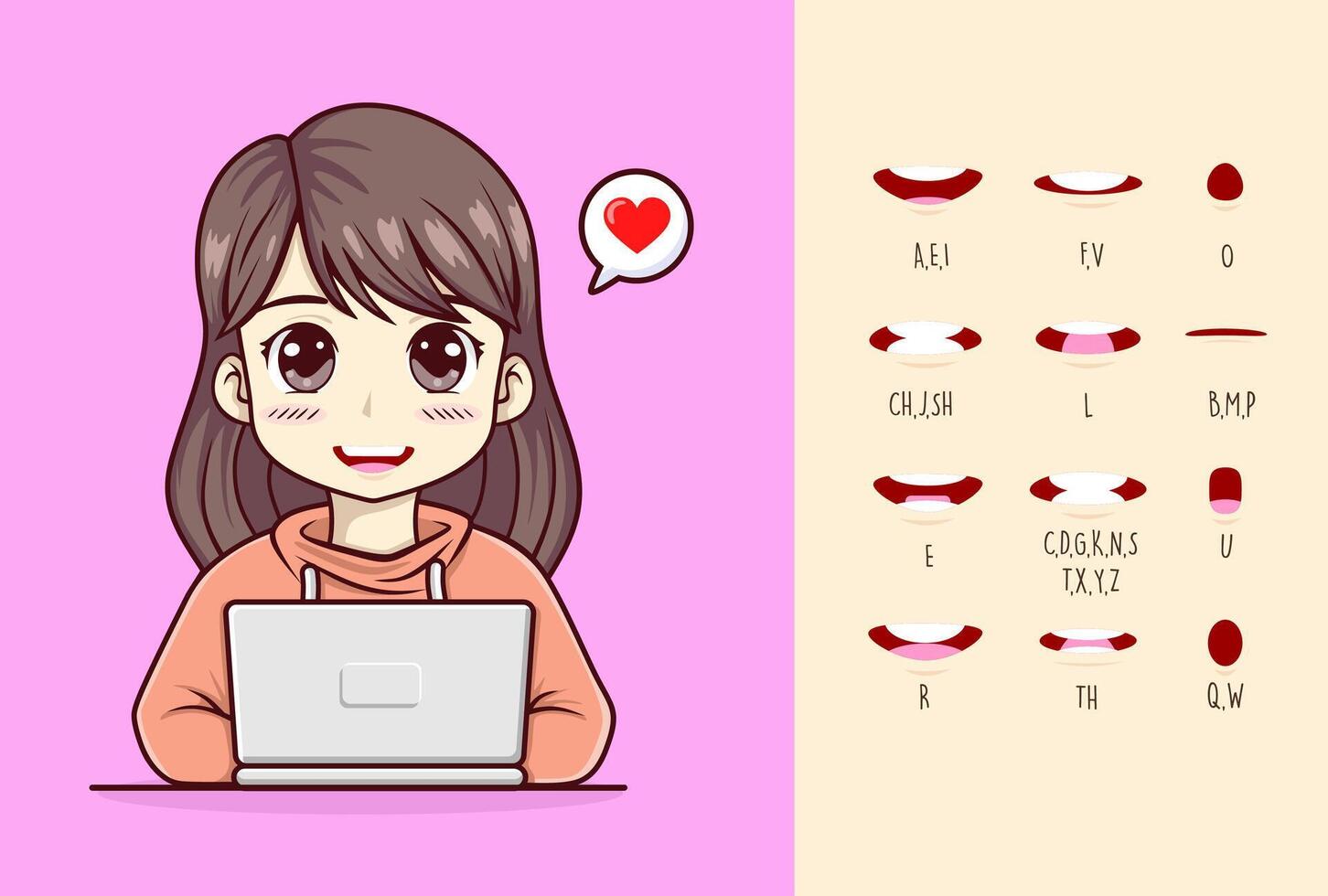 Cute Girl using laptop. vector cartoon character. with a collection of lip sync for animation.