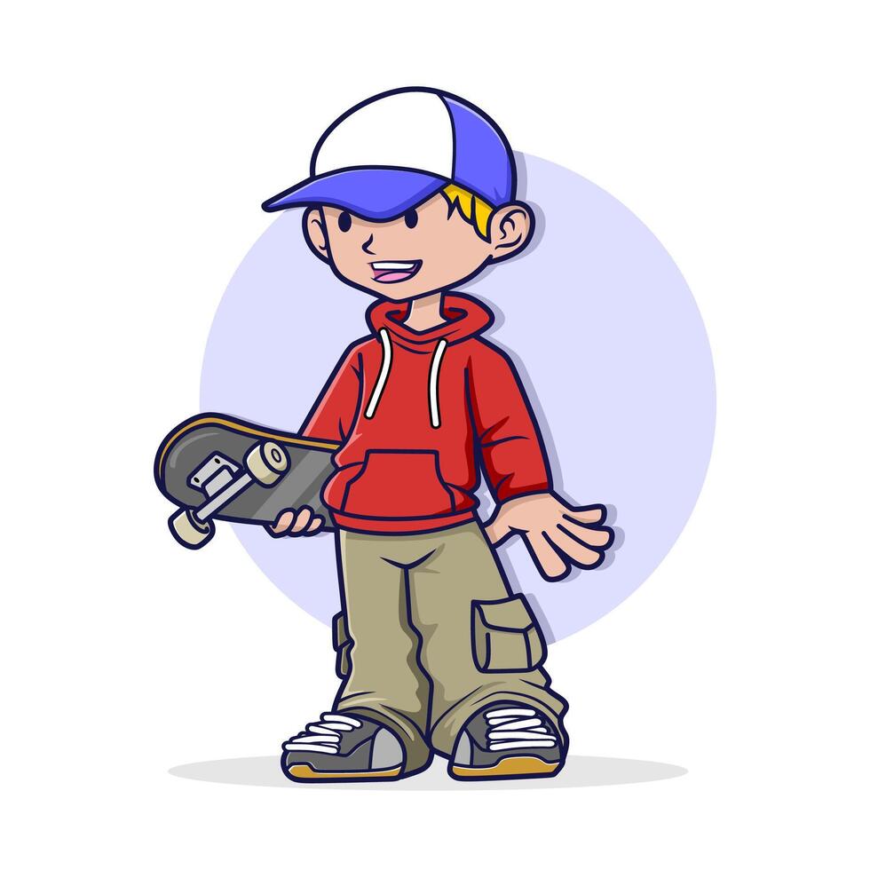 Vector illustration of Cartoon boy holding skateboard