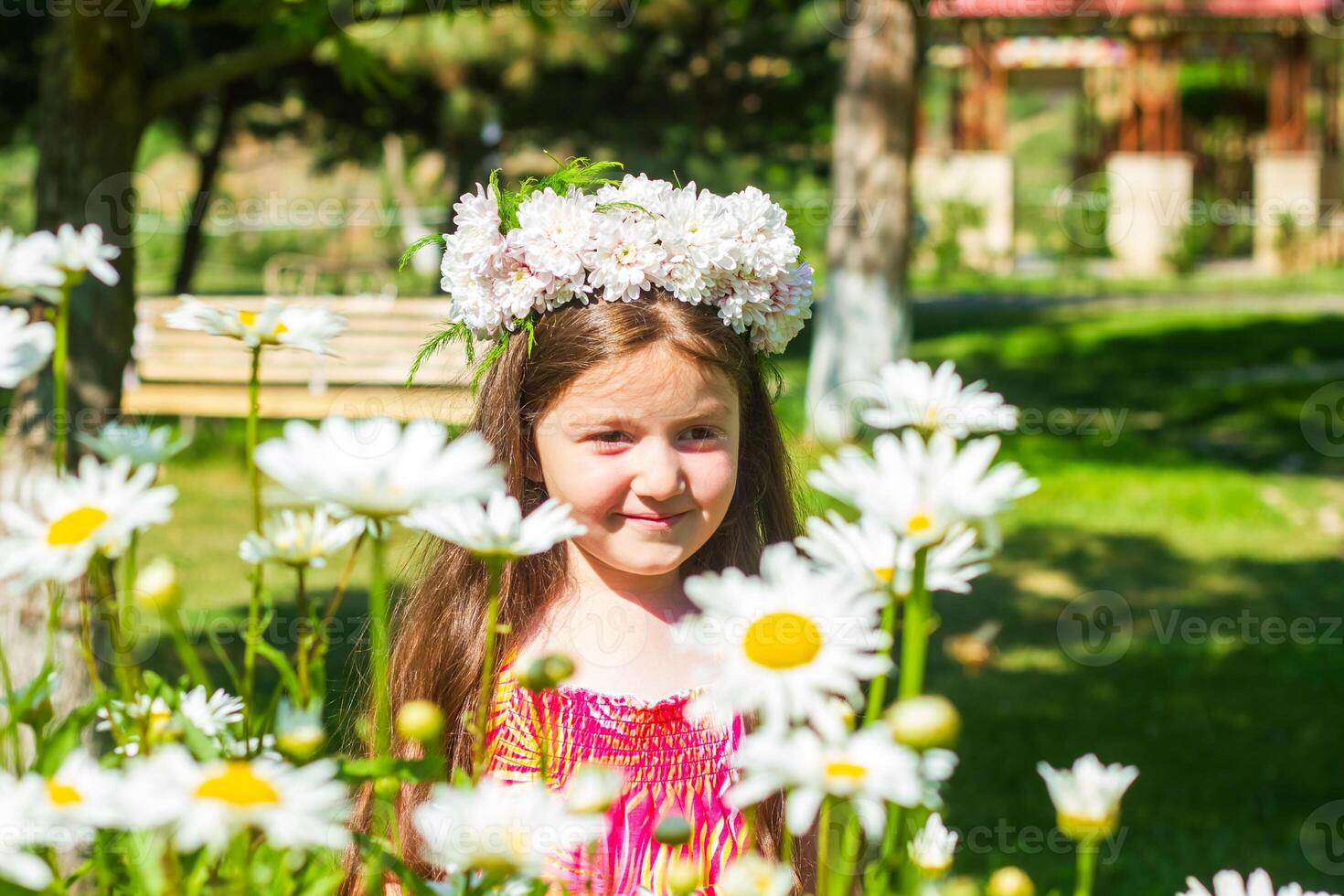 bonito pequeño niña en el naturaleza, niña en verano foto