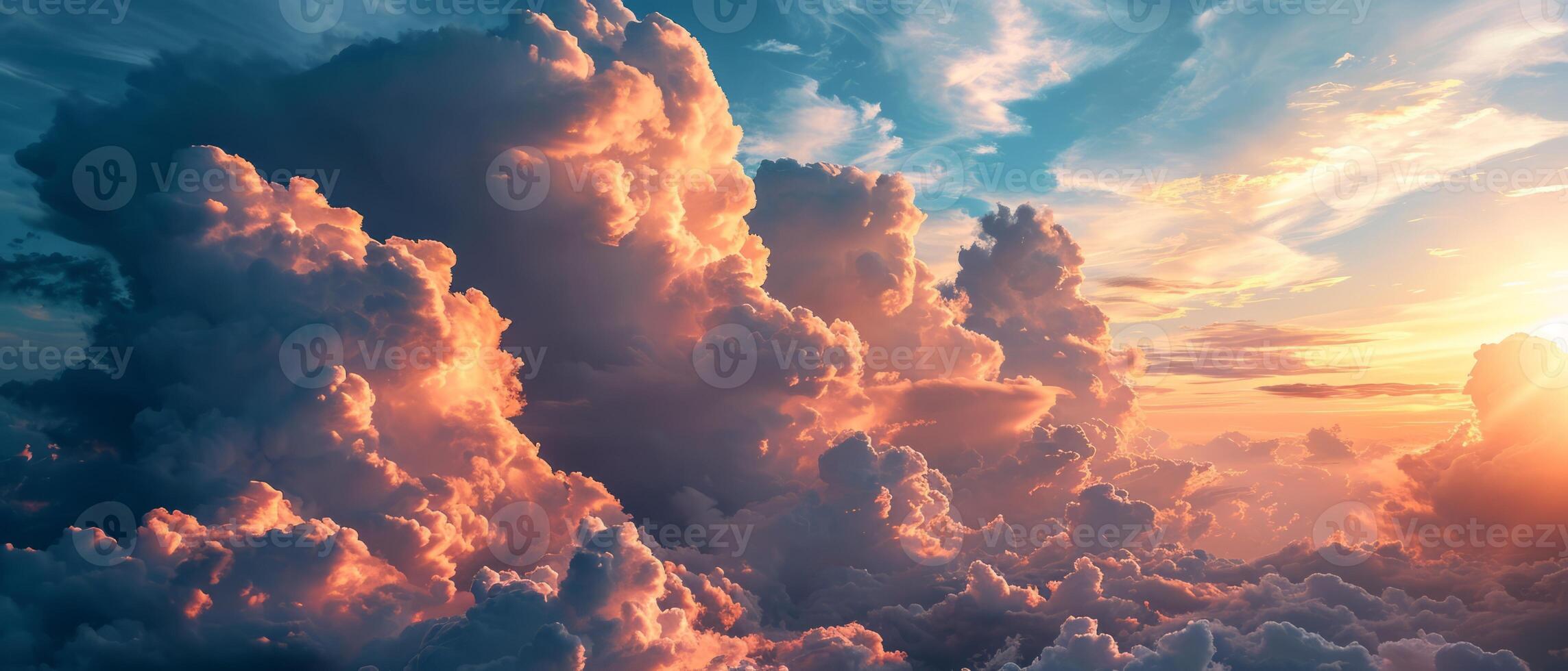 AI generated Dramatic Sunset Cloudscape with Vibrant Colors. A breathtaking view of cumulus clouds illuminated by a vibrant sunset photo