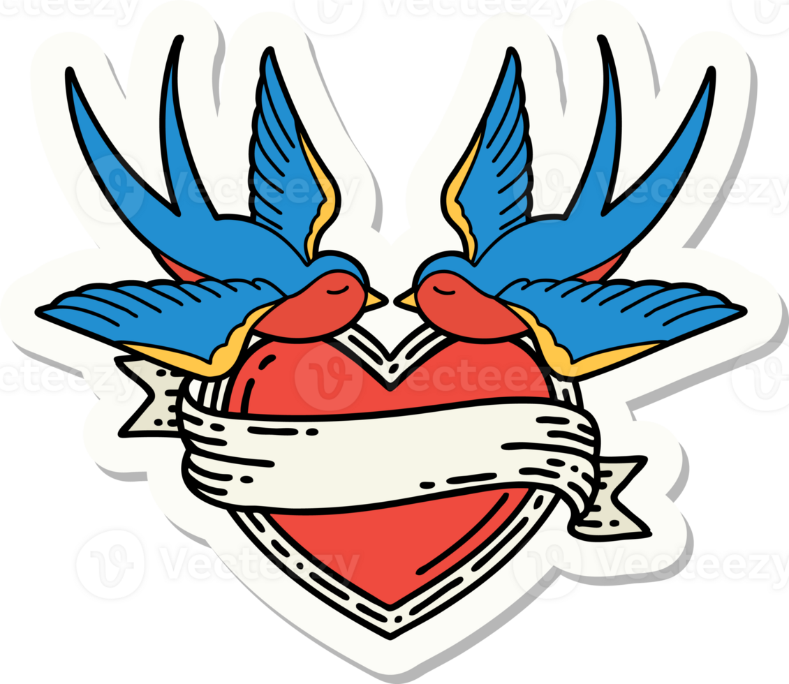 sticker of tattoo in traditional style of swallows and a heart with banner png