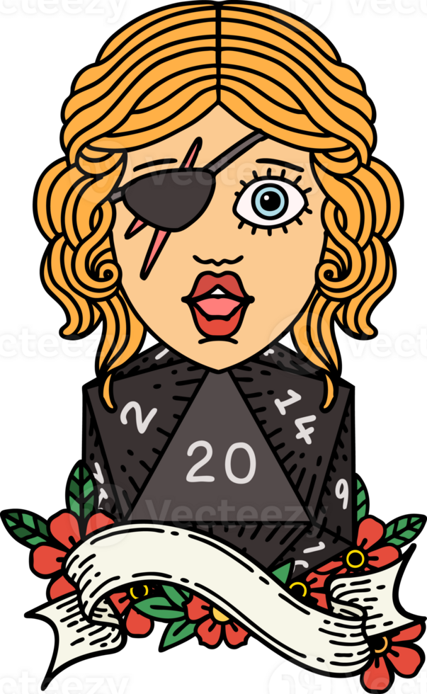 Retro Tattoo Style human rogue with natural twenty dice roll png