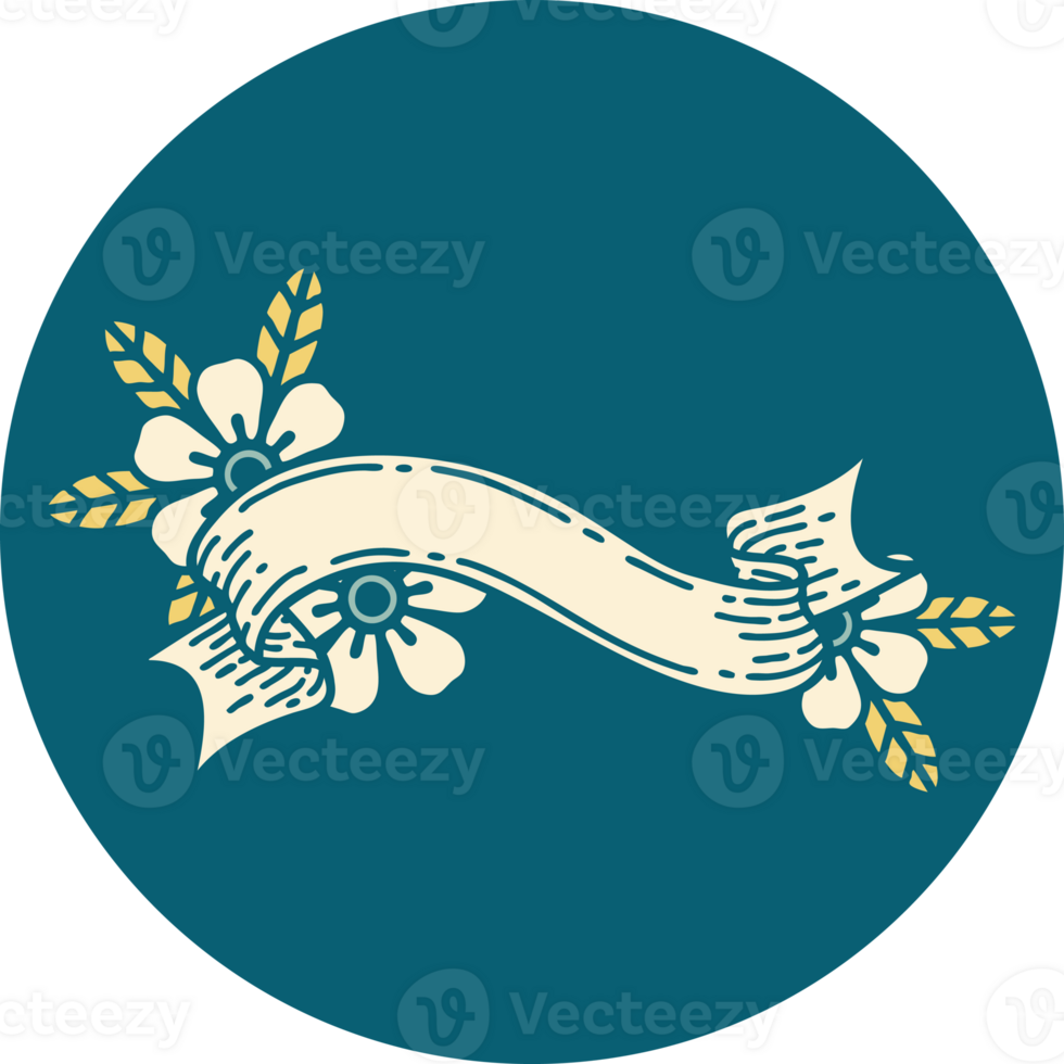 iconic tattoo style image of a banner and flowers png