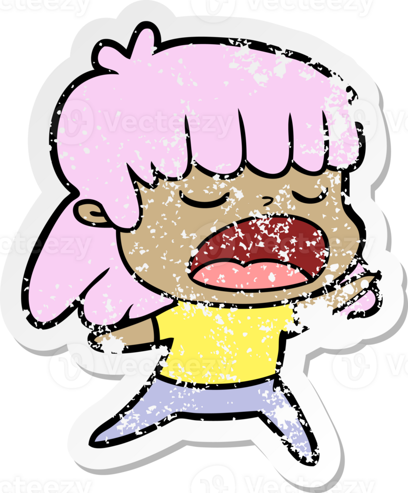 distressed sticker of a cartoon woman talking loudly png