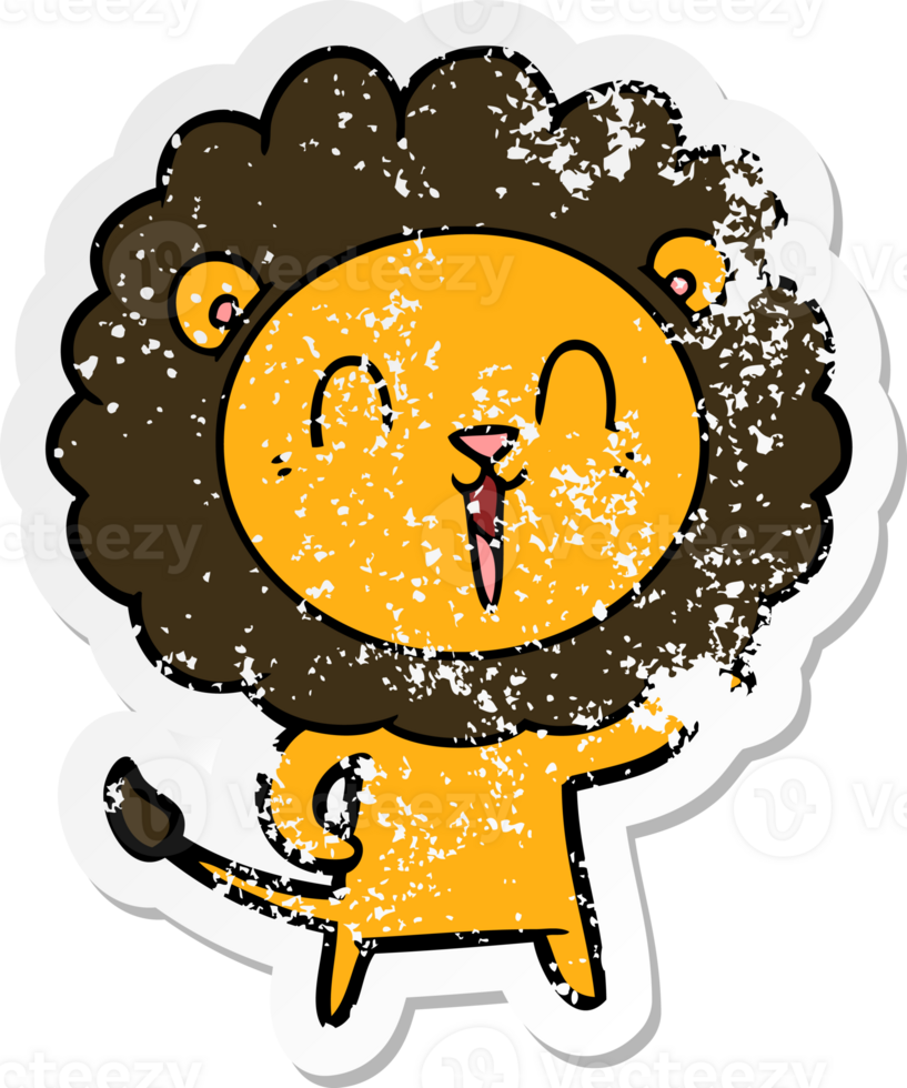 distressed sticker of a laughing lion cartoon png