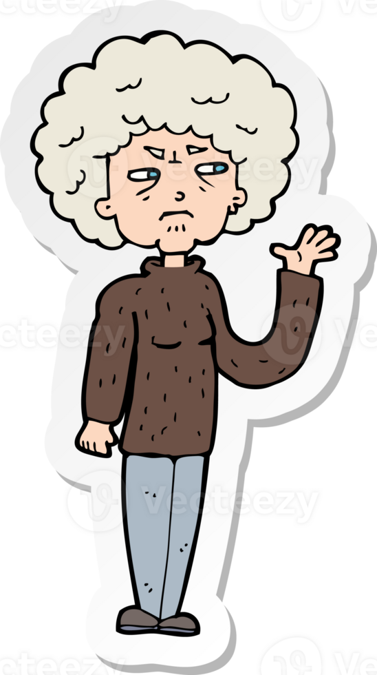 sticker of a cartoon annoyed old woman waving png
