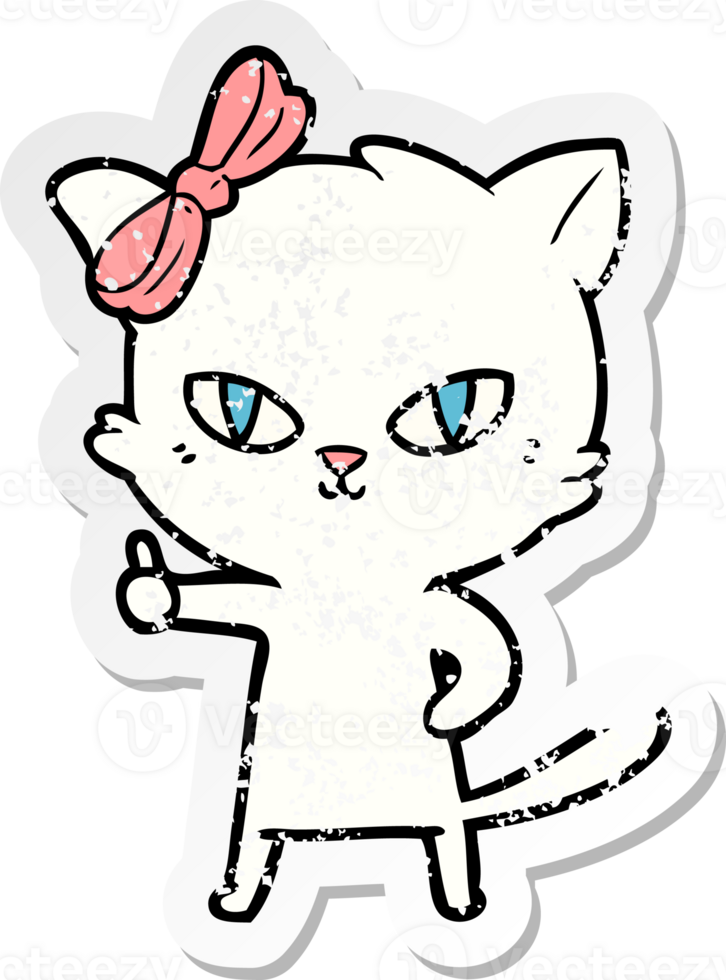 distressed sticker of a cute cartoon cat giving thumbs up symbol png