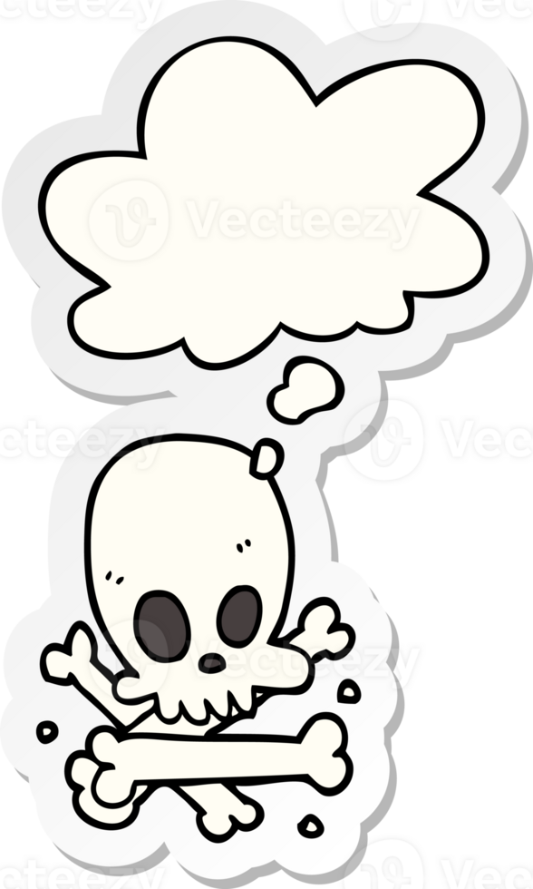 cartoon skull and bones with thought bubble as a printed sticker png